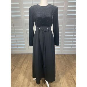 Vtg 80s David Warren Black Velvet Sparkle Maxi Dress 8P Formal Long Sleeve Glam